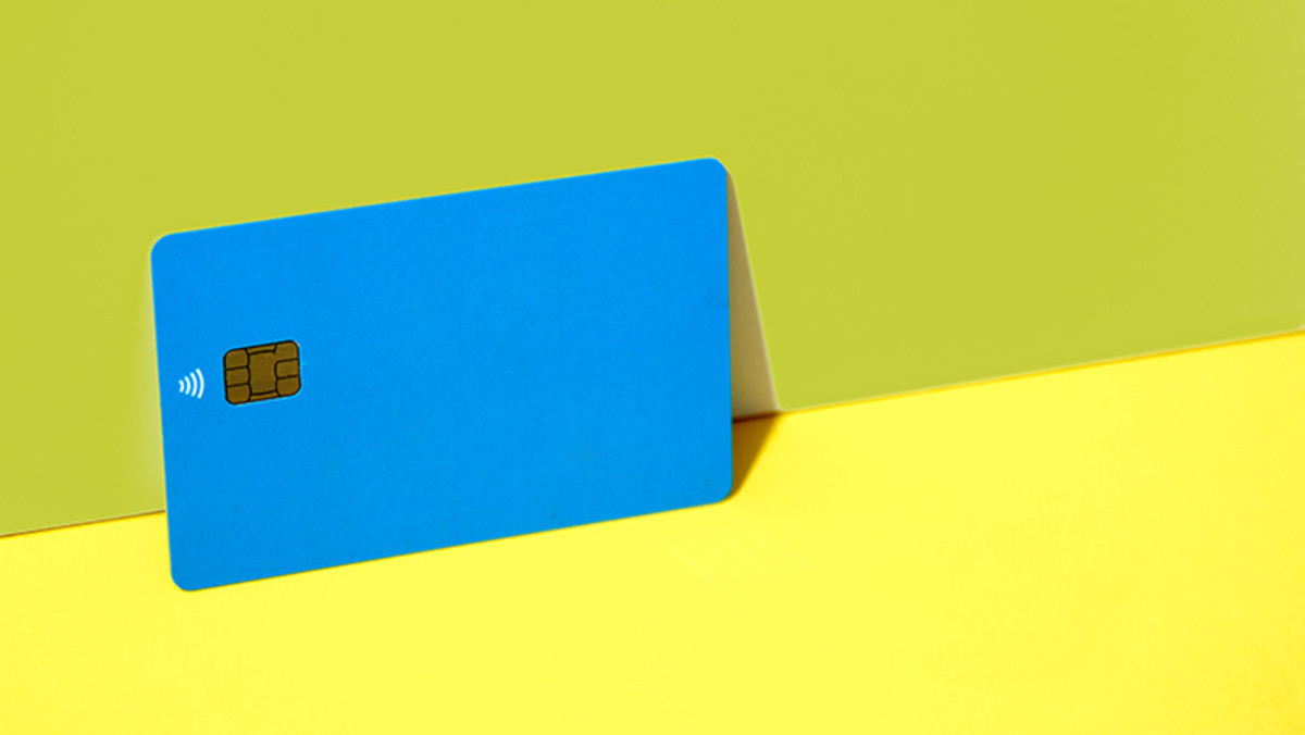 blue credit card yellow background